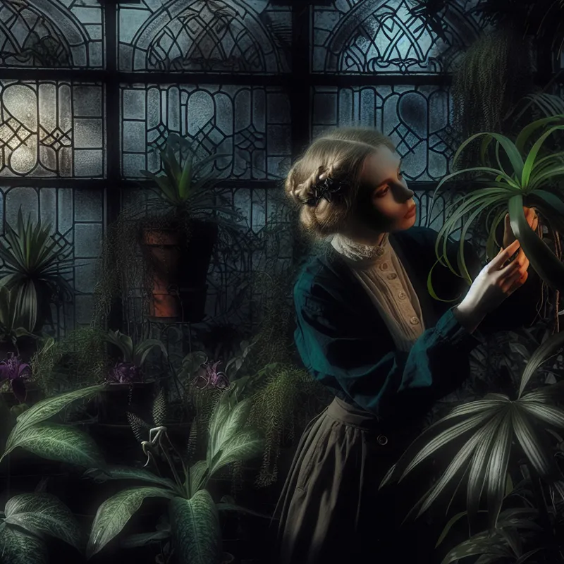 Een zorgzame verzorger inspecteert een grote, weelderige plant in een mysterieuze, gotische kas vol exotische planten.