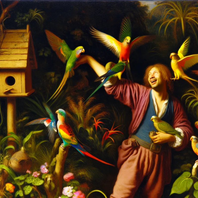 Een vogelenthousiasteling die met verschillende exotische tropische vogels speelt in een weelderige tuin.
