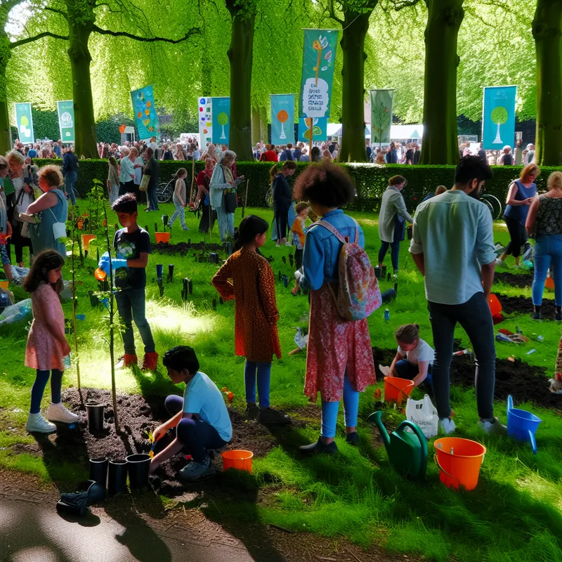 Een levendig gemeenschapsevenement in een park met mensen die bomen planten en over duurzaamheid praten.