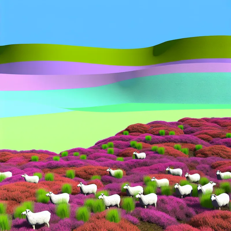 Illustratie van een kleurrijk heidelandschap met schapen die grazend op heideplanten