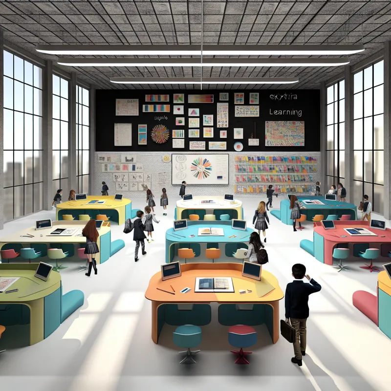 Moderne klaslokaal gevuld met studenten die leren, met retro-futuristische elementen zoals kleurrijke bureaus en inspirerende muurdecoraties