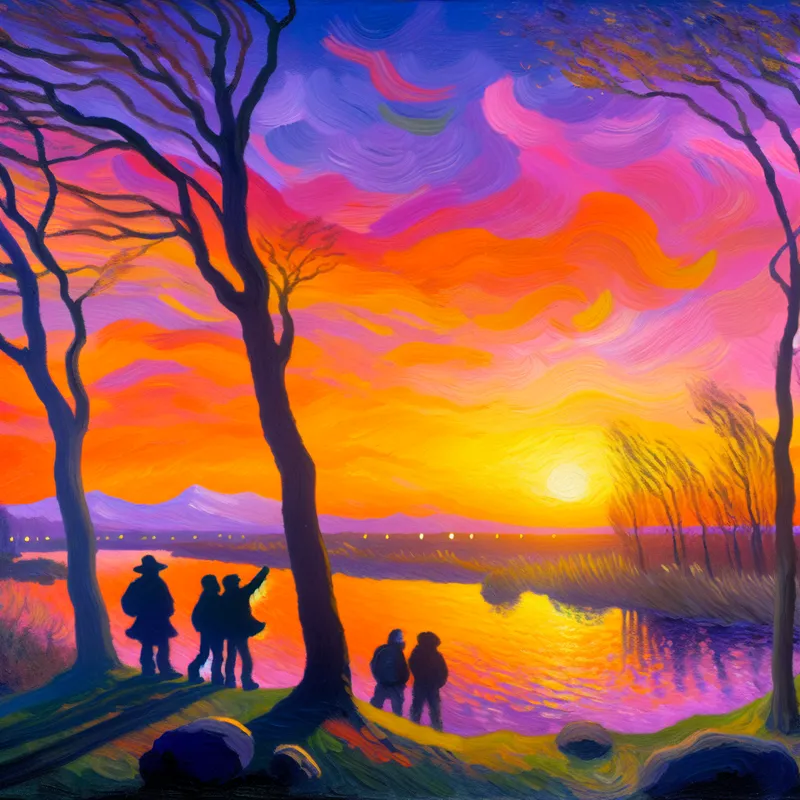 Schilderij van een serene natuurgebied bij zonsondergang met hikers en reflecties in de rivier