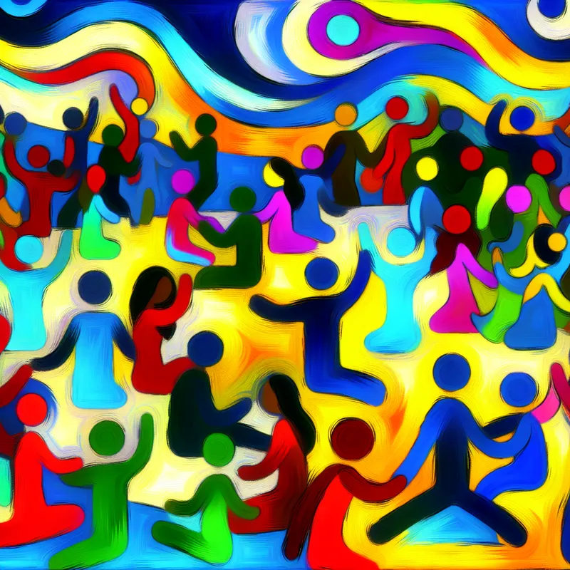 Abstracte voorstelling van een bruisend netwerkevenement met diverse mensen in levendige gesprekken.