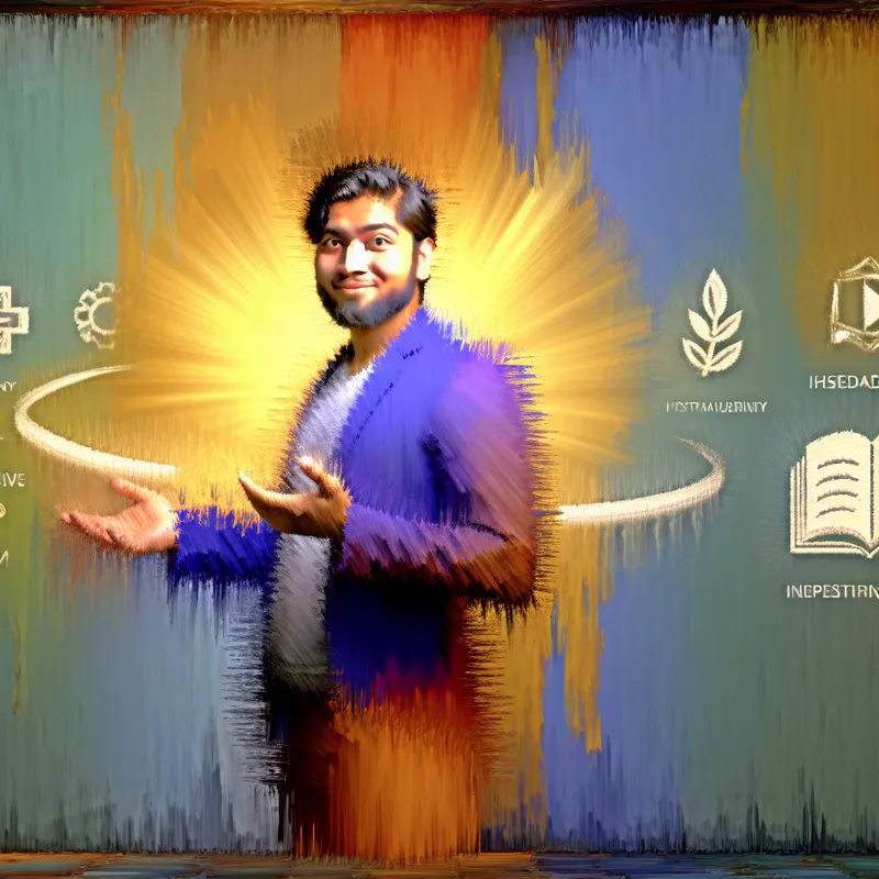 Een levendig portret van een betrouwbare man die zelfverzekerd glimlacht, omgeven door een gloeiende uitstraling die zijn innerlijke waarde symboliseert.