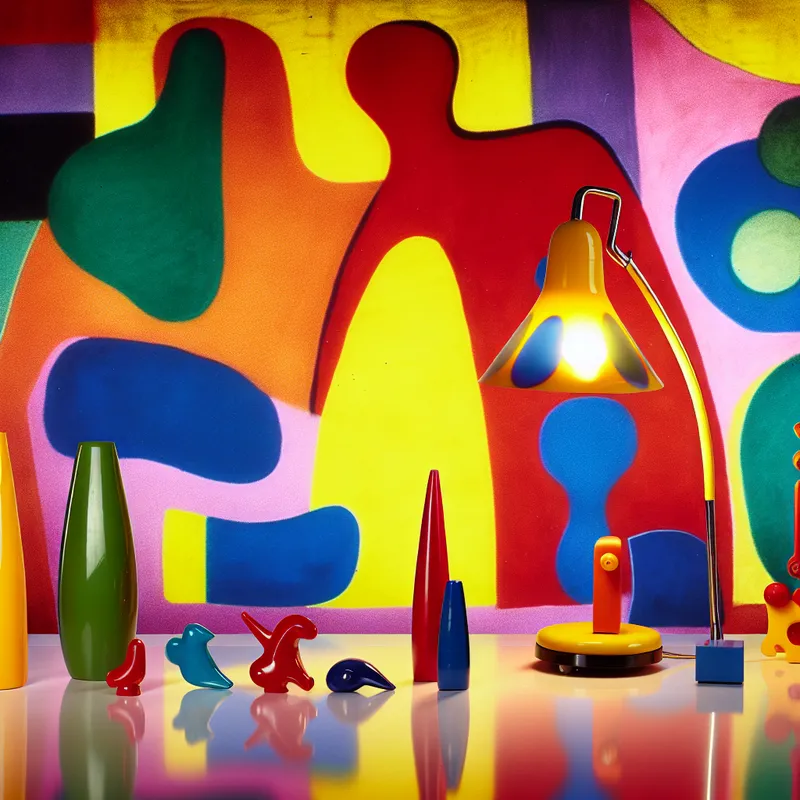 Abstracte scène met een retro Bakelieten lamp in het midden, omringd door kleurrijke decoratieve objecten uit de jaren '50.