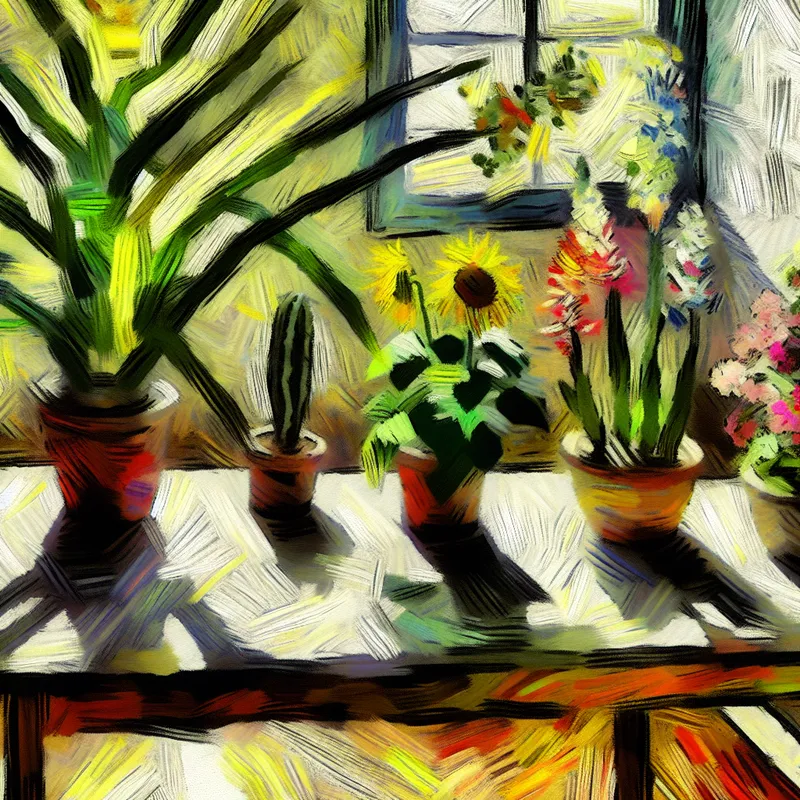 Stilleven met verschillende kamerplanten op een houten tafel, met grote groene bladeren, kleurrijke bloemen en een kleine vetplant, in een zonnige ruimte.