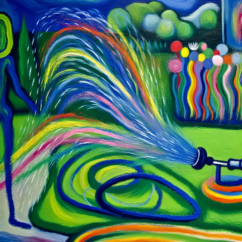 Abstract expressionistische schilderij van een levendig tuinlandschap met een felgekleurde tuinslang die water spuit naar een bloembed.