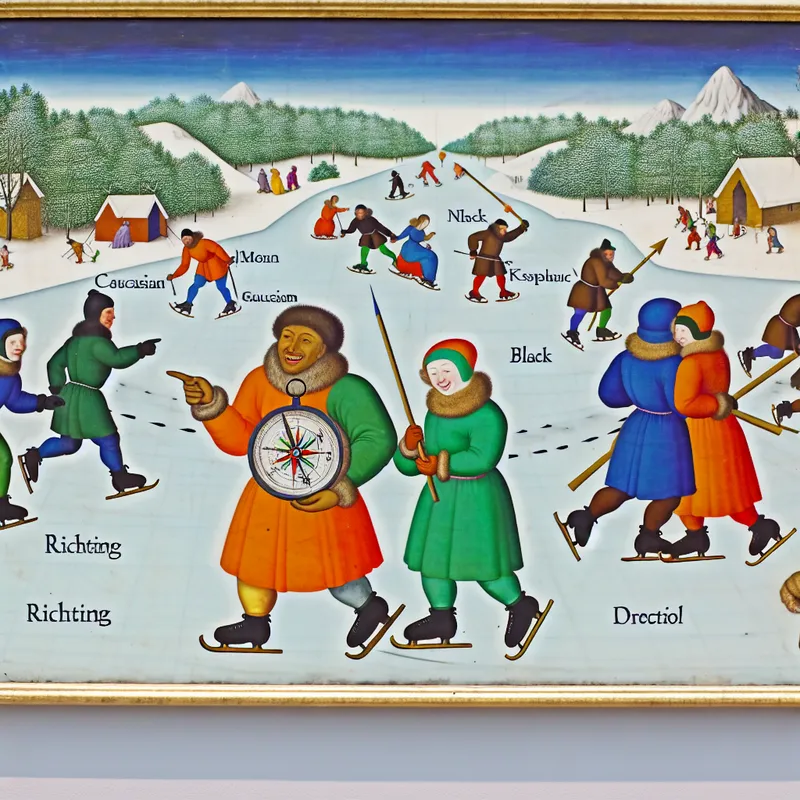 Groep mensen op schaatsen op een gladde, ijzige weg in een winterlandschap, met een figuur die een kompas vasthoudt.