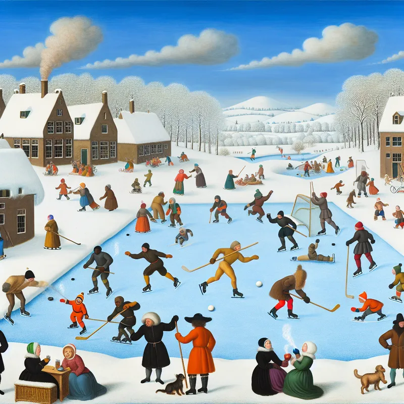 Sfeervol winterlandschap met mensen die schaatsen, ijshockey spelen en sneeuwpoppen bouwen op een bevroren vijver