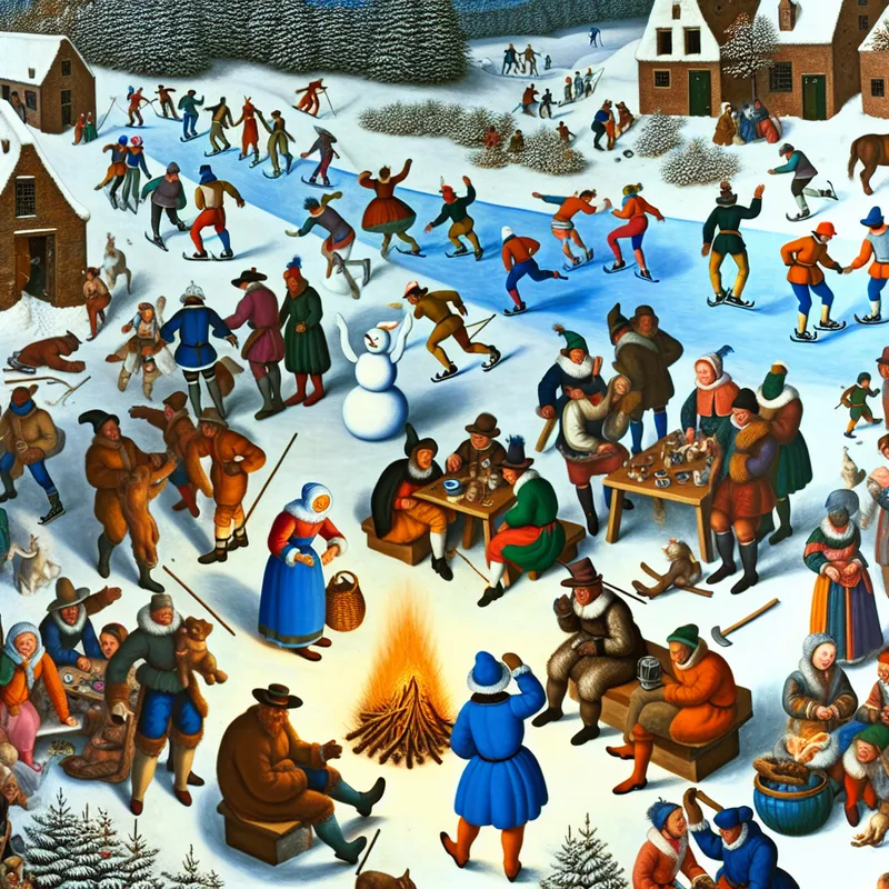 Groep mensen in een levendig winterlandschap, bezig met ijs schaatsen, sneeuwpoppen maken en bij een kampvuur verhalen delen.