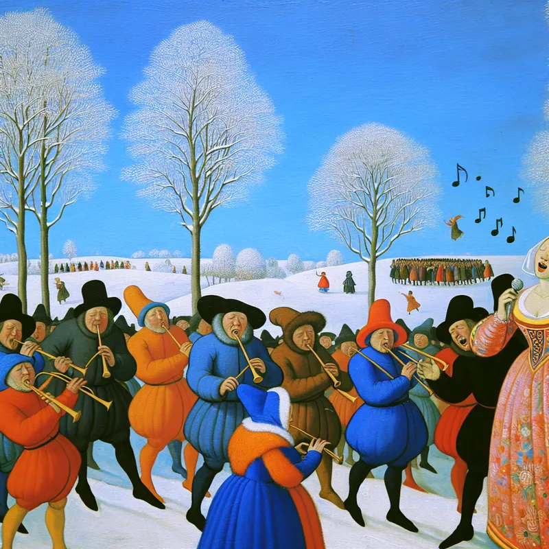 Een levendig winterlandschap met een buitenconcert waar muzikanten spelen en een zingende vrouw in een felgekleurde outfit te zien is.
