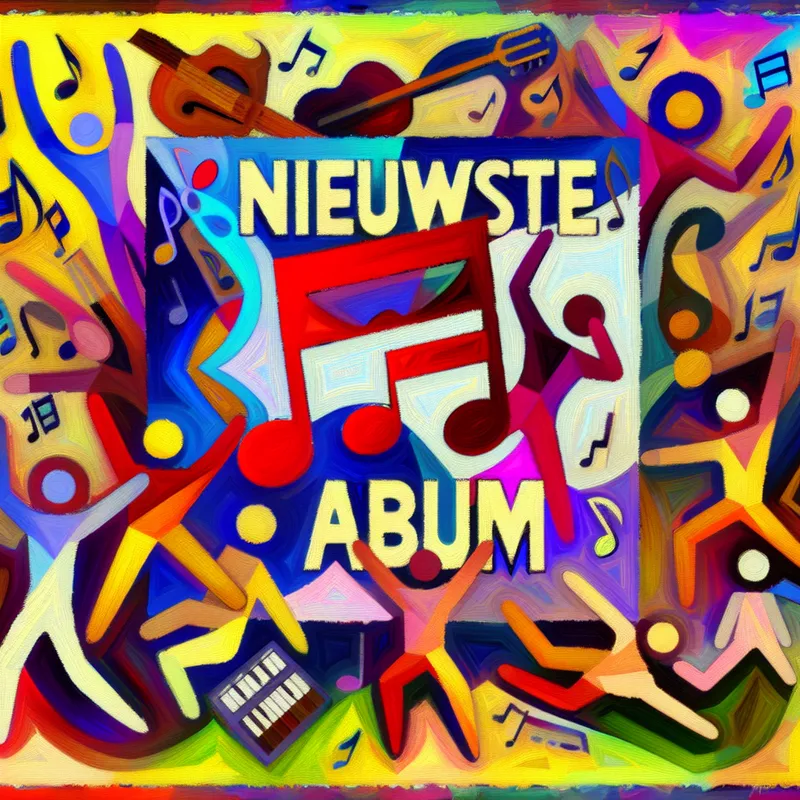 Abstracte afbeelding van een nieuw muziekalbum met een groot albumhoes, kleurrijke elementen en figuren die dansen.