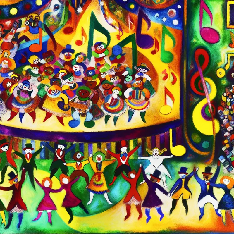 Een levendige abstracte afbeelding van een muzikaal optreden met kleurrijke personages in kostuums die dansen en zingen op het podium.