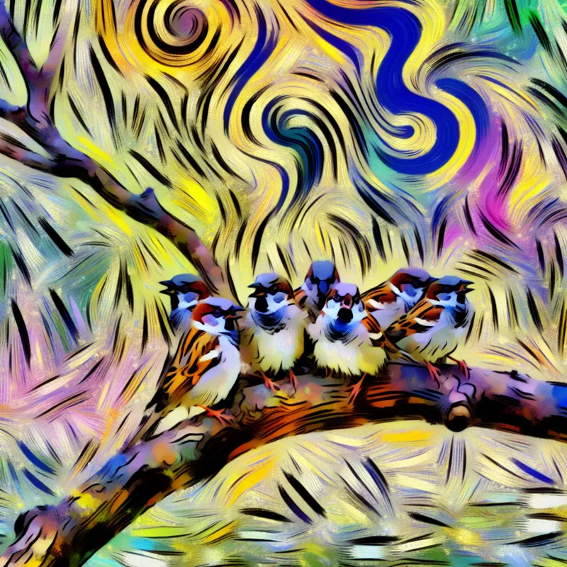 Groep kleine vogels in een kleurrijke abstracte scène, geflankeerd door gekronkelde lijnen om het fladderen van de vogels weer te geven.