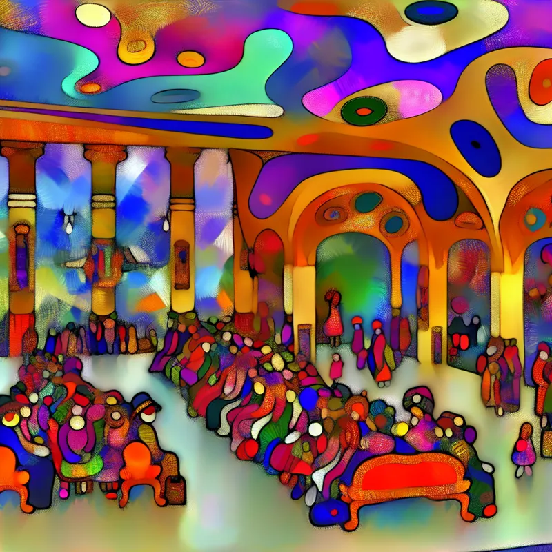 Een levendige, abstracte afbeelding van een theaterlobby vol energie, met kleurrijke interacties tussen verschillende mensen.