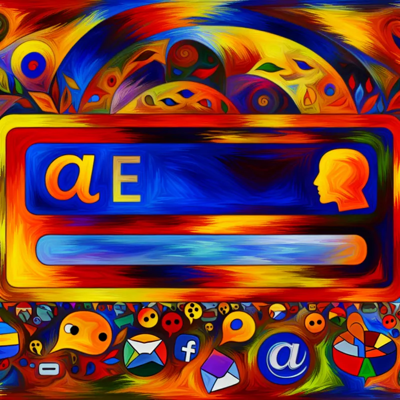 Abstracte en levendige weergave van een online profiel adres met een kleurrijke adresbalk en sociale media symbolen.