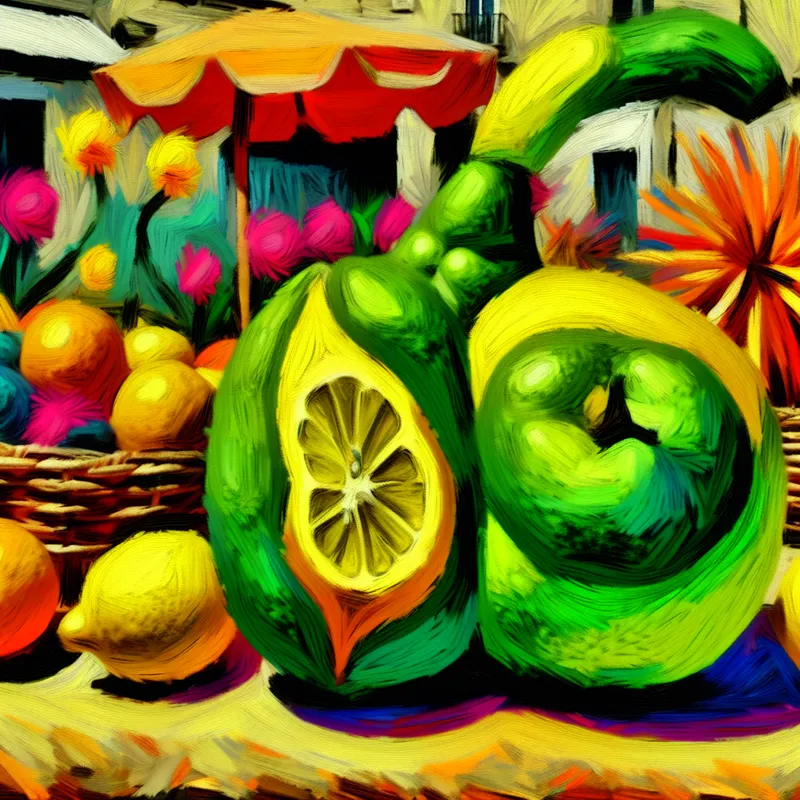 Abstracte afbeelding van een citroenappel, een hybride fruitsoort met gele en groene tinten, omringd door kleurrijke bloemen in een speelse marktsetting.