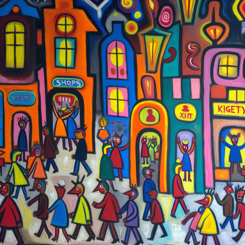 Abstracte scène van een levendige avondwinkelsfeer met diverse animaties van blije shoppers in kleurrijke winkels