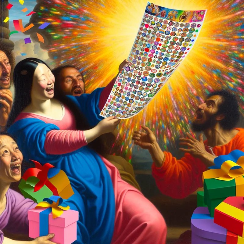 Een persoon toont vreugdevol een kleurrijke spaarkaart vol met stickers, omringd door feestelijke decoraties en enthousiaste vrienden en familie.