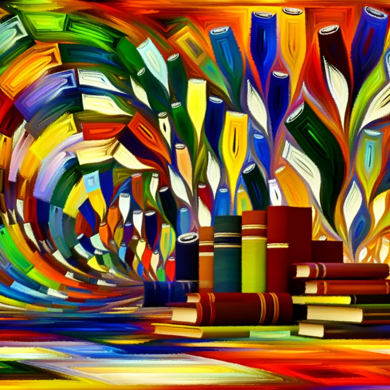 Abstracte weergave van een levendige bibliotheekscene met kleurrijke boeken in verschillende speelse schikkingen.