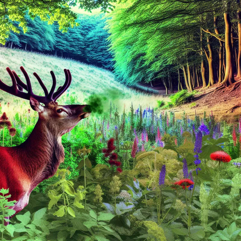 Een majestueuze hert in een levendig bos, met flonkerende bloemen en bosschage, die de geur van de natuur uitdrukt.