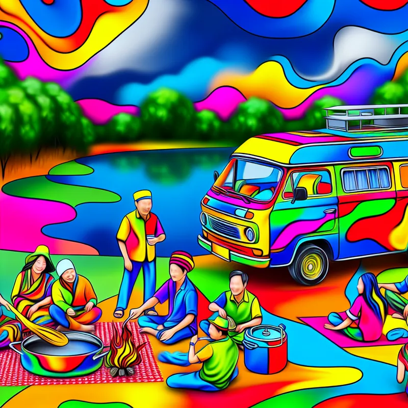 Een kleurrijke camper van met mensen die buiten koken en ontspannen op een picknickdeken in een groen landschap.
