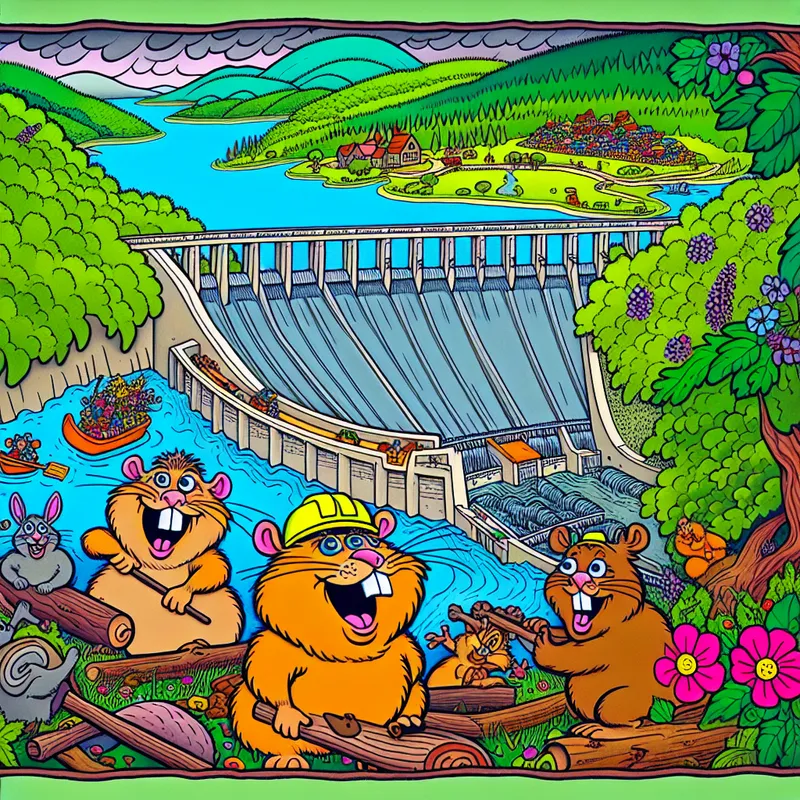 Een kleurrijke cartoonillustratie van een grote dam met een bever en een konijn die samen werken en juichen in een groene omgeving.