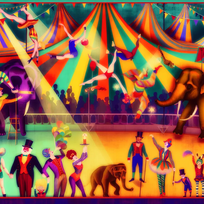 Vibrante cirkus scène met acrobaten, clowns en dieren zoals olifanten en leeuwen in actie onder een kleurrijk tent.