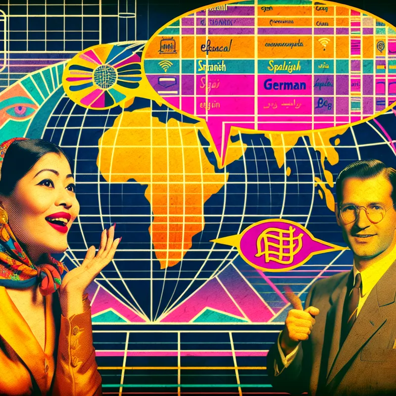 Vibrante retro-futuristische scène met een diverse groep mensen die communiceren in verschillende talen, inclusief een vrouw die spreekt in het Spaans en een man die schrijft in het Duits, met een wereldkaart op de achtergrond.