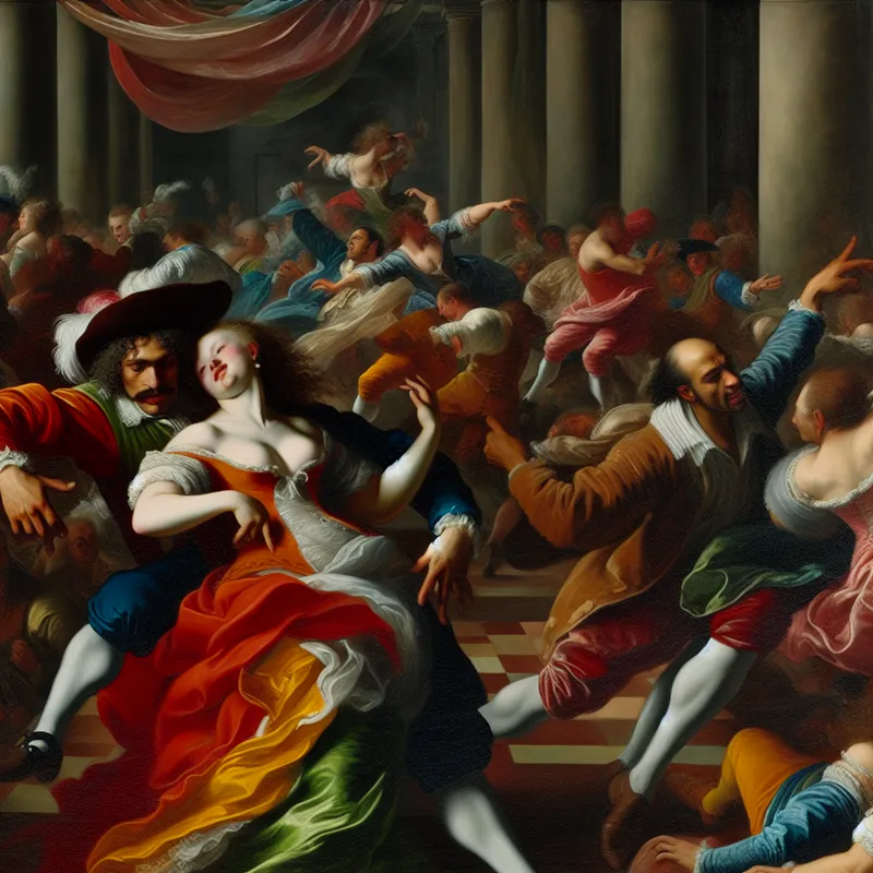 Een paar danst enthousiast in een weelderige Baroksetting, omgeven door andere dansers, met een nadruk op de beweging en levendige kleuren.