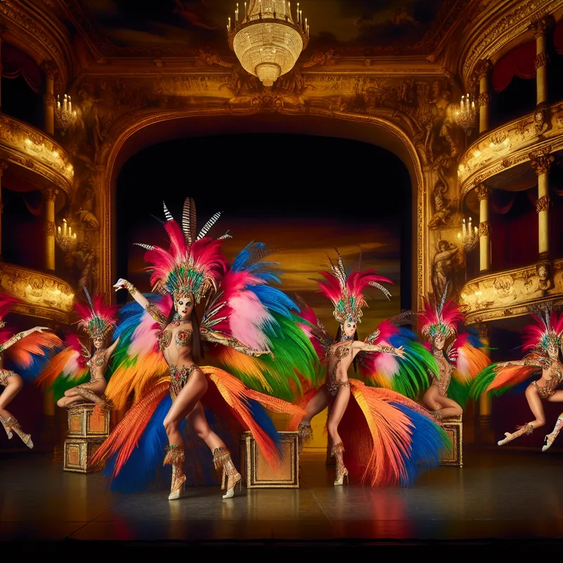 Dancers in elaborate feather costumes performing on stage in a Baroque theater setting.