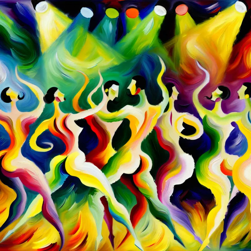 Vibrante abstracte performance met dansers op het podium onder kleurrijke spots, in dynamische poses die de elegantie van hun ruggen tonen.