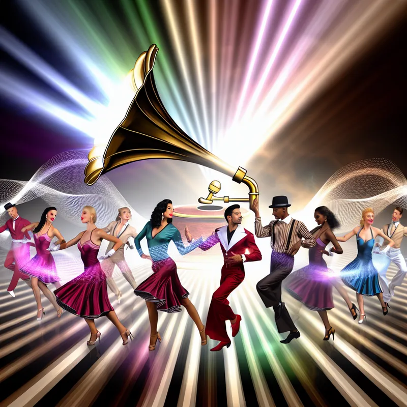 Een groep dansers beweegt elegant in perfecte synchronisatie, omgeven door kleurrijke geluidsgolven van een grammofoon.