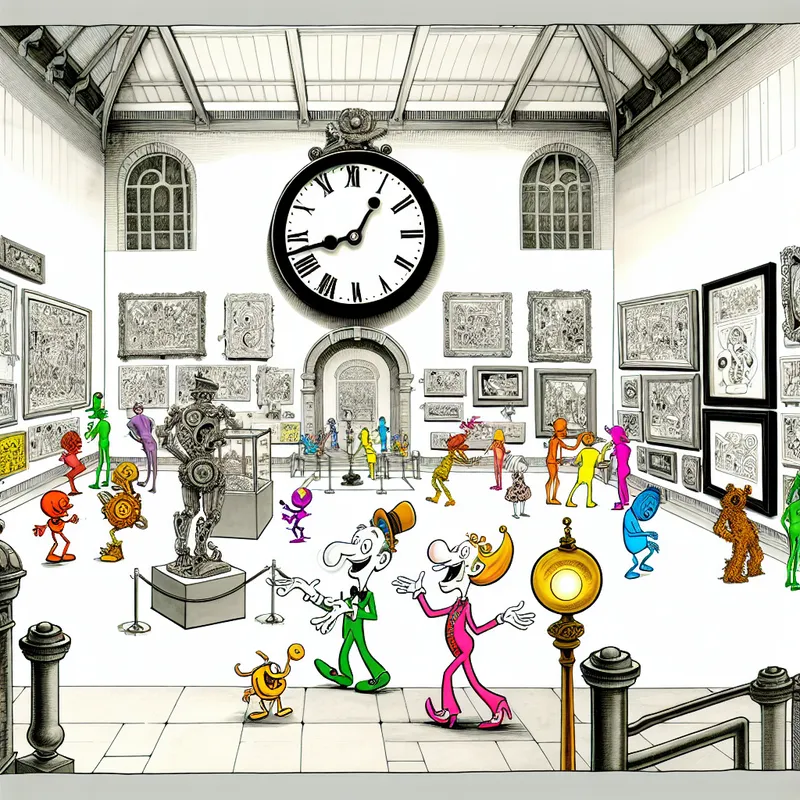 Een levendige cartoon met een expositiezaal en kleurrijke karakters die de klok en kunstwerken bekijken, met de uren tussen 10 en 18