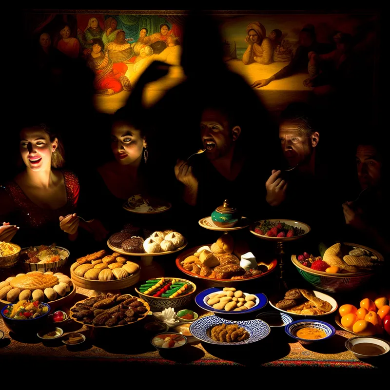 Een rijk gedekte tafel met een overvloed aan diverse gerechten en vrolijke mensen die samen een feestmaal genieten.