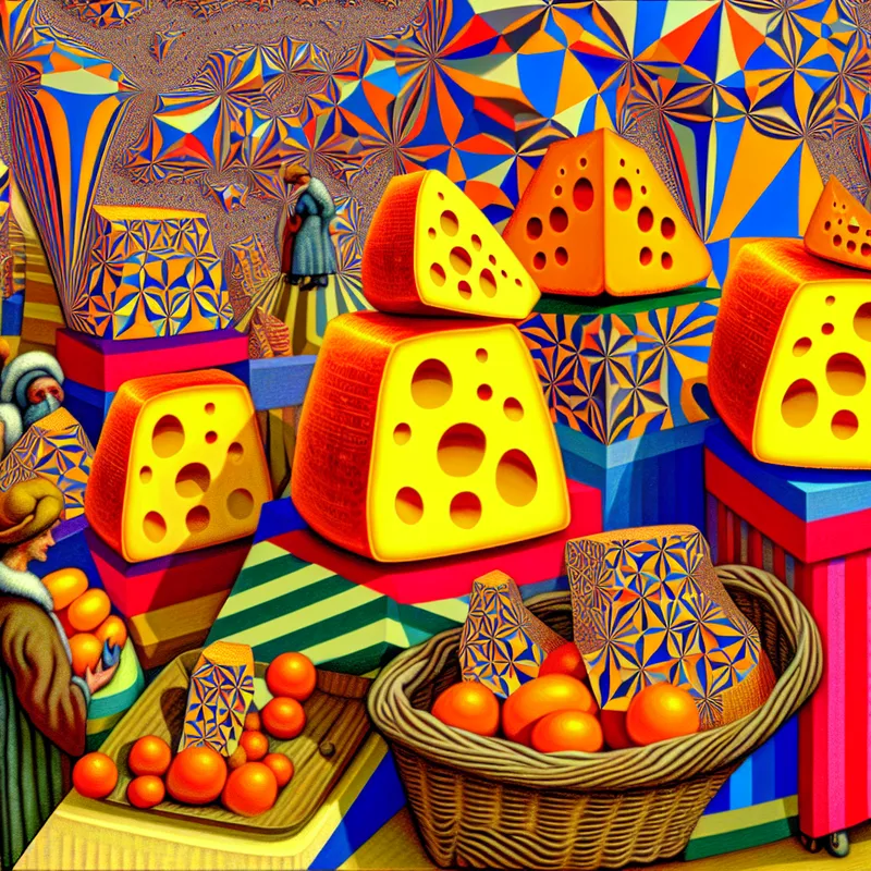 Surrealistische marktscène met kleurrijke Gouda kazen in onmogelijke architecturen en shoppers met overdreven gezichten.