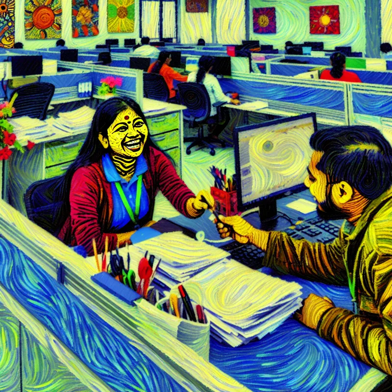Drukke kantooromgeving met een blije medewerker die een klant helpt, in de stijl van Vincent van Gogh.