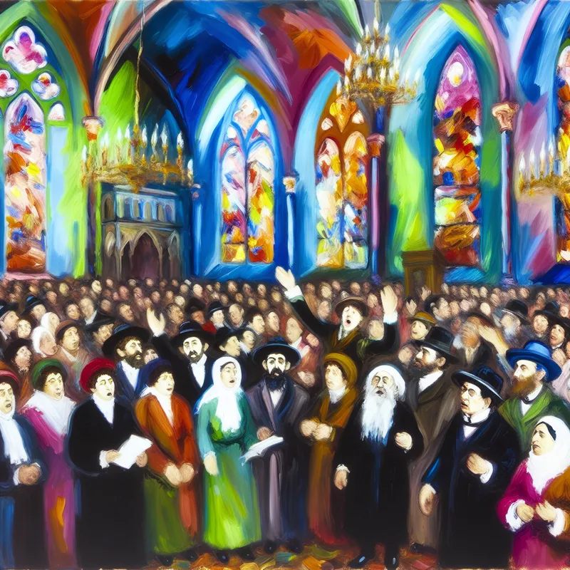 Een levendig interieur van een kerk tijdens een gebedsbijeenkomst met diverse mensen die samenkomen in een vreugdevolle sfeer.