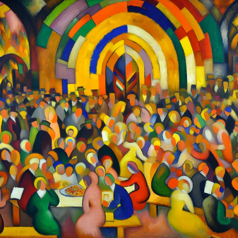 Abstracte uitdrukking van een levendig kerk evenement met diverse jongeren die samenkomen voor muziek en spel.