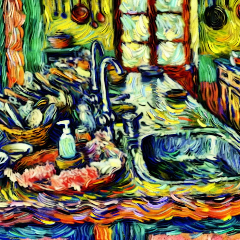 Vibrante keuken met een druk aanrecht vol afwasmiddel en keukengerei