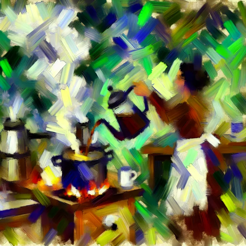 Abstract expressionistische keuken met koffiepot en theepot, stoom stijgend in krachtige penseelstreken