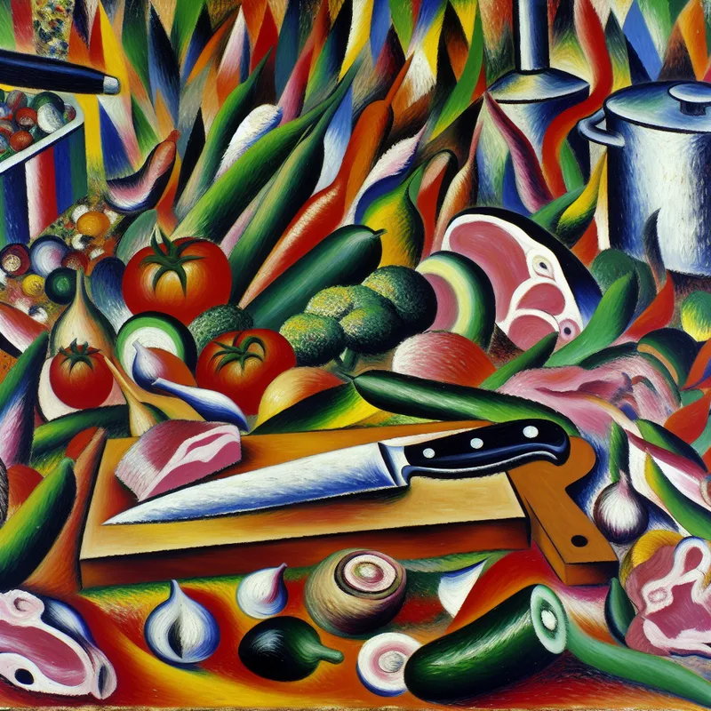Een scherp keukenmes ligt op een houten snijplank in een chaotische en kleurrijke keuken vol groenten en kruiden