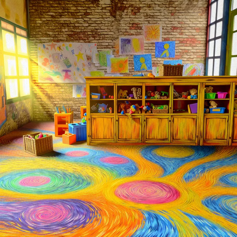 Klaslokaal met een houten kast vol kleurrijke speelgoed en boeken, in de stijl van Vincent van Gogh