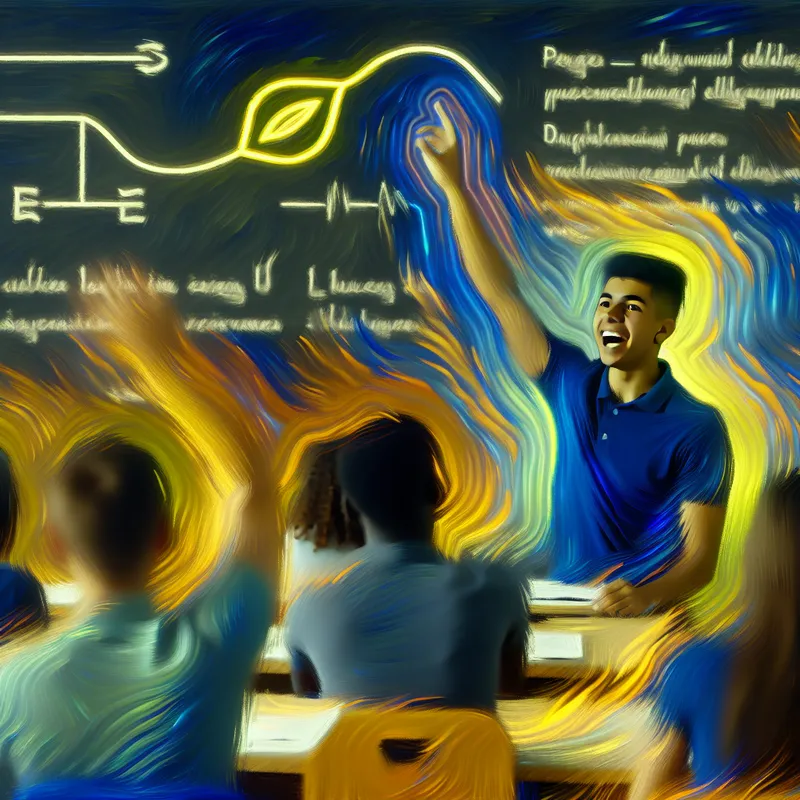 Actieve klaslokaalscene met diverse leerlingen, waarbij één student enthousiast zijn hand opsteekt om een nieuw geleerde vaardigheid te delen.