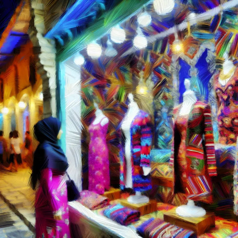 Abstracte weergave van een kledingwinkel etalage met een persoon die ernaar kijkt, met gedragsmatige penseelstreken en levendige kleuren.