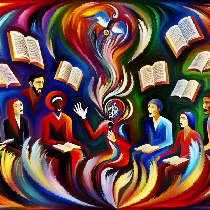 Een diverse groep mensen ontvangt met aandacht een uitlezing van een literaire tekst door een charismatische spreker, omringd door kleurrijke emoties en vliegende boekpagina's.