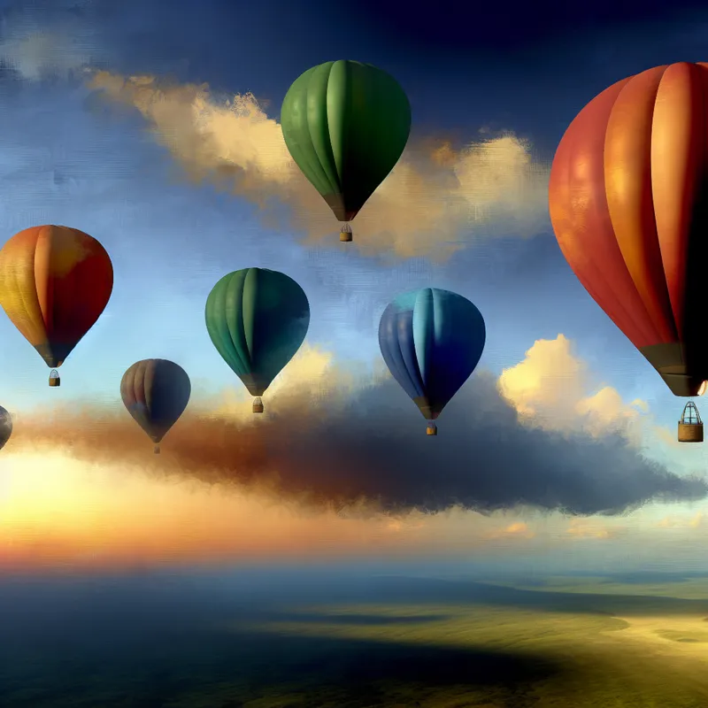 Vibrante luchtballonnen die majestueus zweven in een heldere blauwe lucht tijdens zonsondergang, met een weelderig landschap daaronder.