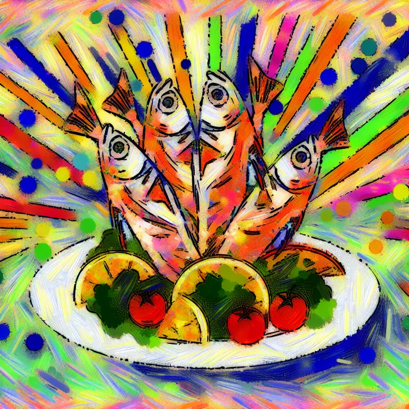 Abstracte kleurrijke compositie van een bord met gegrilde vis omringd door heldere groenten en garnering.