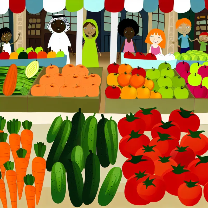 Vibrante marktscene met kleurrijke groenten en fruitstallen, in de stijl van Dick Bruna.