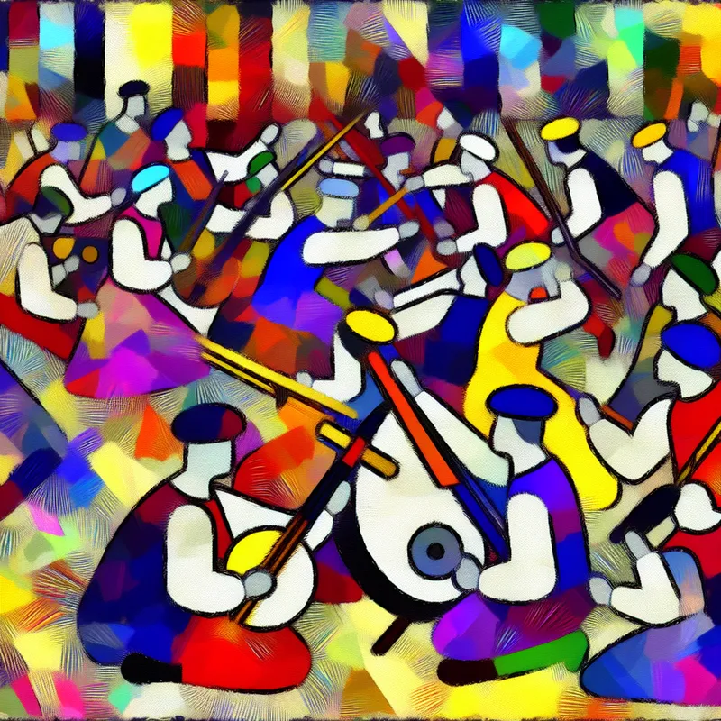 Abstracte afbeelding van een levendig evenement met mensen die muziek maken en met kleurrijke geluidsapparatuur omgaan.